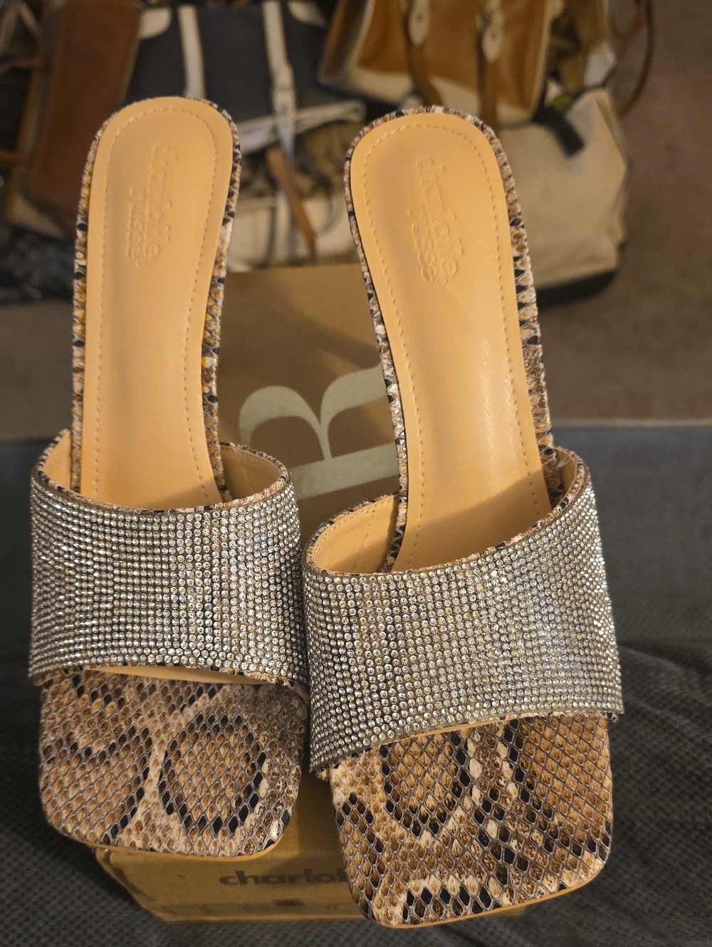 Designer Crystal Slide Sandals in Tan Snake Print